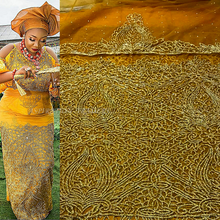 Load image into Gallery viewer, Mustard Gold Color Net lace VIP George with All Golden Crystal Stone Work - NLVG086