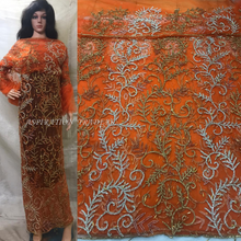Load image into Gallery viewer, New Design Orange color Heavy beaded crystal stone work Net lace VIP George - NLVG092