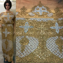 Load image into Gallery viewer, Champagne Gold Beautiful Crystal stone work Net Lace George wrapper set - NLVG096