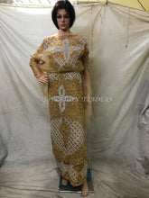 Load image into Gallery viewer, Champagne Gold Beautiful Crystal stone work Net Lace George wrapper set - NLVG096