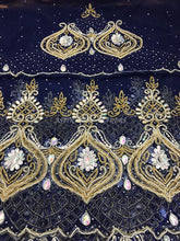 Load image into Gallery viewer, Navy Blue Beautiful Net Lace Cutwork designer George Wrapper with blouse for Africans - NLVG098