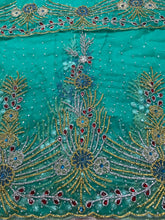 Load image into Gallery viewer, Sea Green Net Fabric Applique Designer African George Wrapper with Blouse - NLVG113