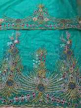 Load image into Gallery viewer, Sea Green Net Fabric Applique Designer African George Wrapper with Blouse - NLVG113