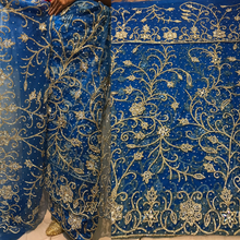 Load image into Gallery viewer, Turquoise Blue All Stone work Net Fabric African Goegre wrapper with blouse - NLVG014