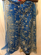 Load image into Gallery viewer, Turquoise Blue All Stone work Net Fabric African Goegre wrapper with blouse - NLVG014