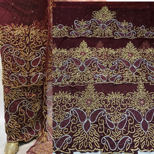 Load image into Gallery viewer, Wine/ Maroon Color Same Border Design Hand Made stone Beaded George Wrapper Set - NLVG119