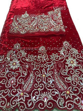 Load image into Gallery viewer, RED Color Velvet Heavy Crystal Beaded George Wrapper For African Weddings- VG003
