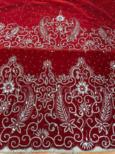 Load image into Gallery viewer, RED Color Velvet Heavy Crystal Beaded George Wrapper For African Weddings- VG003