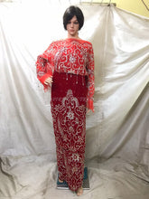 Load image into Gallery viewer, RED Color Velvet Heavy Crystal Beaded George Wrapper For African Weddings- VG003