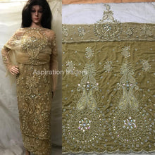 Load image into Gallery viewer, Gold Color Velvet Fabric Hevay beaded Net Fabric Blouse George wrapper set - VG019