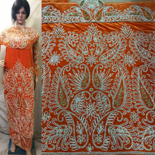 Load image into Gallery viewer, Beautiful Orange Velvet Heavily Beaded Nigerian George wrapper set - VG023