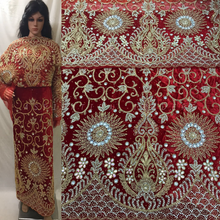 Load image into Gallery viewer, RED Velvet fabric Designer African heavy beaded George wrapper set - VG027