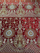 Load image into Gallery viewer, RED Velvet fabric Designer African heavy beaded George wrapper set - VG027