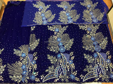 Load image into Gallery viewer, Beautiful Royal Blue Velvet Fabrican Nigerian Pattern Stone beaded George wrapper set - VG028