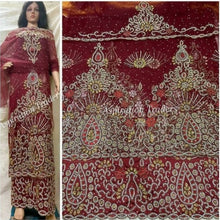 Load image into Gallery viewer, Burgundy Crystal Beaded Net Lace Indian George Wrapper With Fancy Blouse- NLVG023