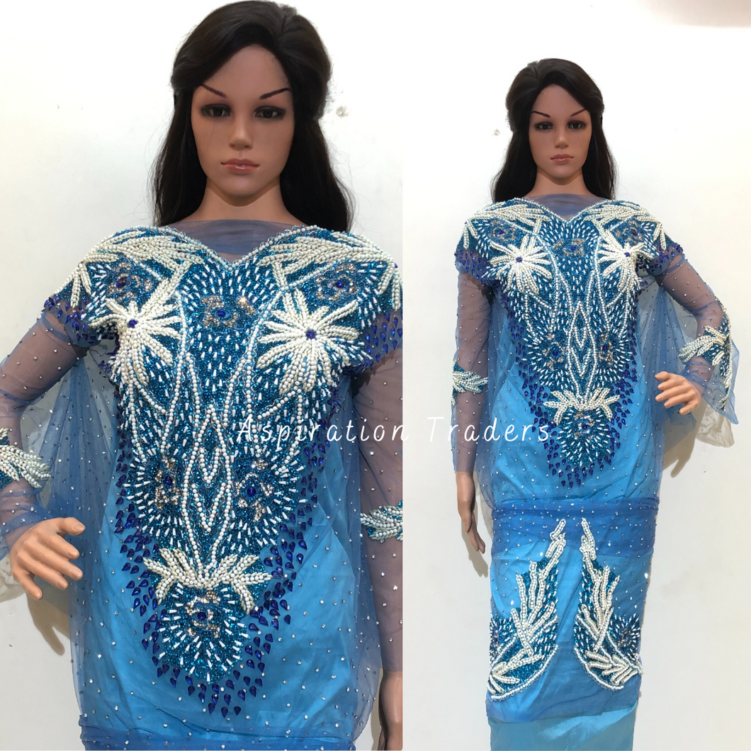 Aquatic Sky Blue with Handcrafted Crystal Stone & White beaded designer applique Blouse Patch - AB1004
