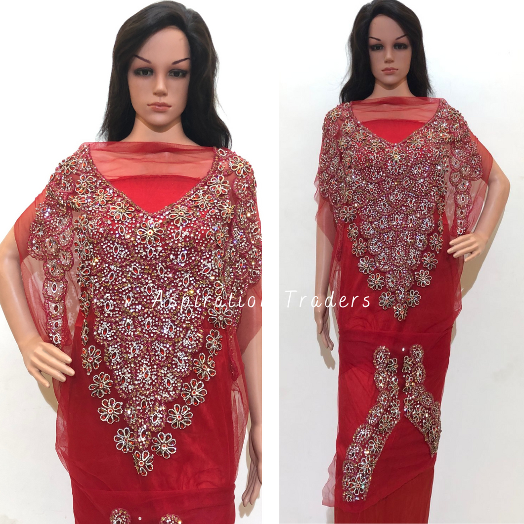Bold Red Heavy Stone Work With Back Design Applique Blouse Patch - AB1005