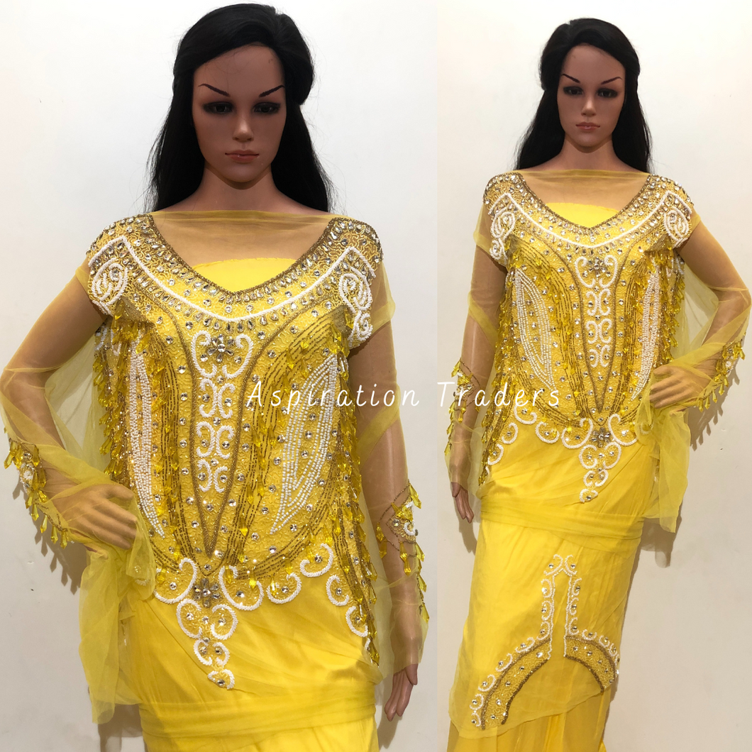 Warm Yellow With Heavy Crystal stone Beaded & Fringes Work On Sleeves Blouse Patch - AB1008