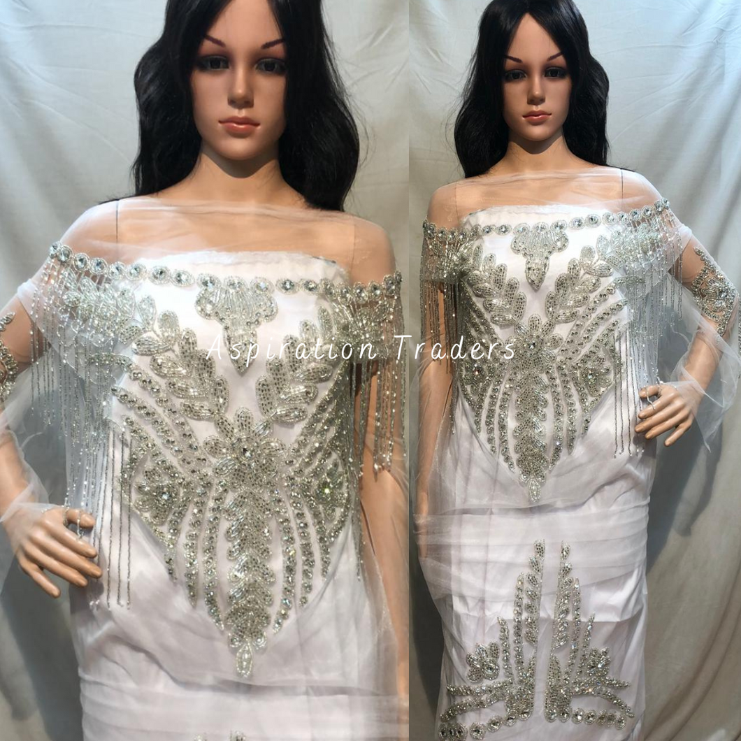 Vintage White French Beaded Crystal Stone & Fringes Work  Applique Blouse Patch - AB1010