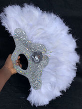 Load image into Gallery viewer, Bold Elegant Gold White  Feather Bridal wedding African Bag Hand fan  -  FF005
