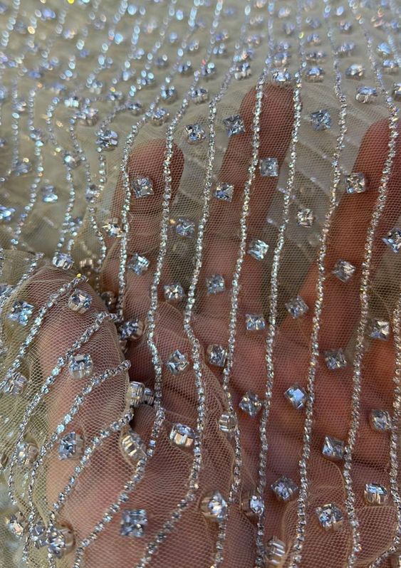 Silver Pinstripe Square Crystal Handmade Beaded Designer Applique - AP064