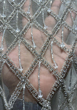 Load image into Gallery viewer, Silver Crystal Drop Sequin Hand Embroidered Net Haute Couture Fabric Beaded Designer Applique - AP065
