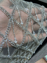 Load image into Gallery viewer, Silver Crystal Drop Sequin Hand Embroidered Net Haute Couture Fabric Beaded Designer Applique - AP065
