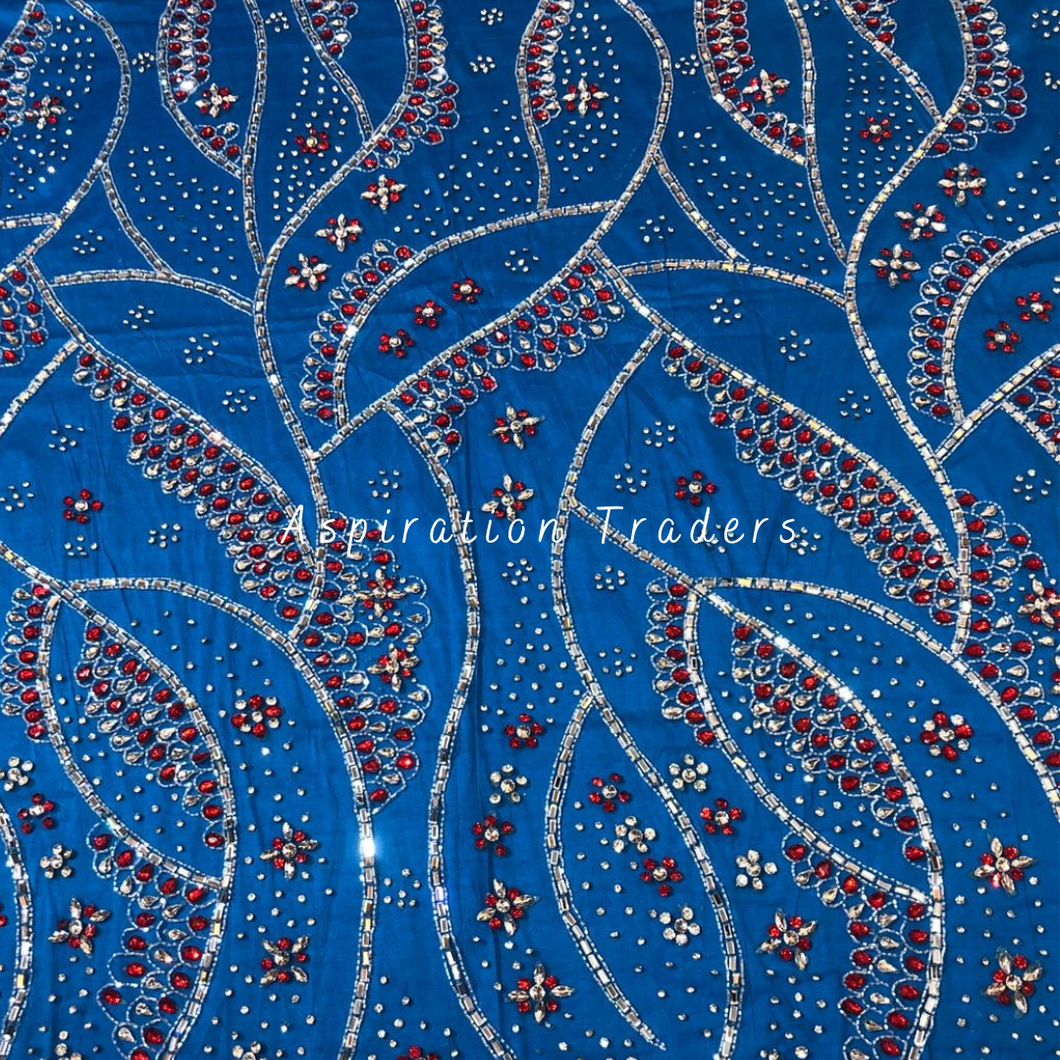 Tranquil Turquoise Blue Applique with Red & silver Stone Work Designer set  - AP081