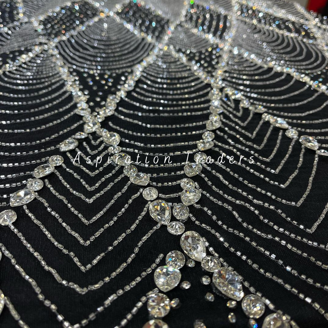 Trendsetting Black with Heavy  Silver Crystal Stone work Applique Set - AP082