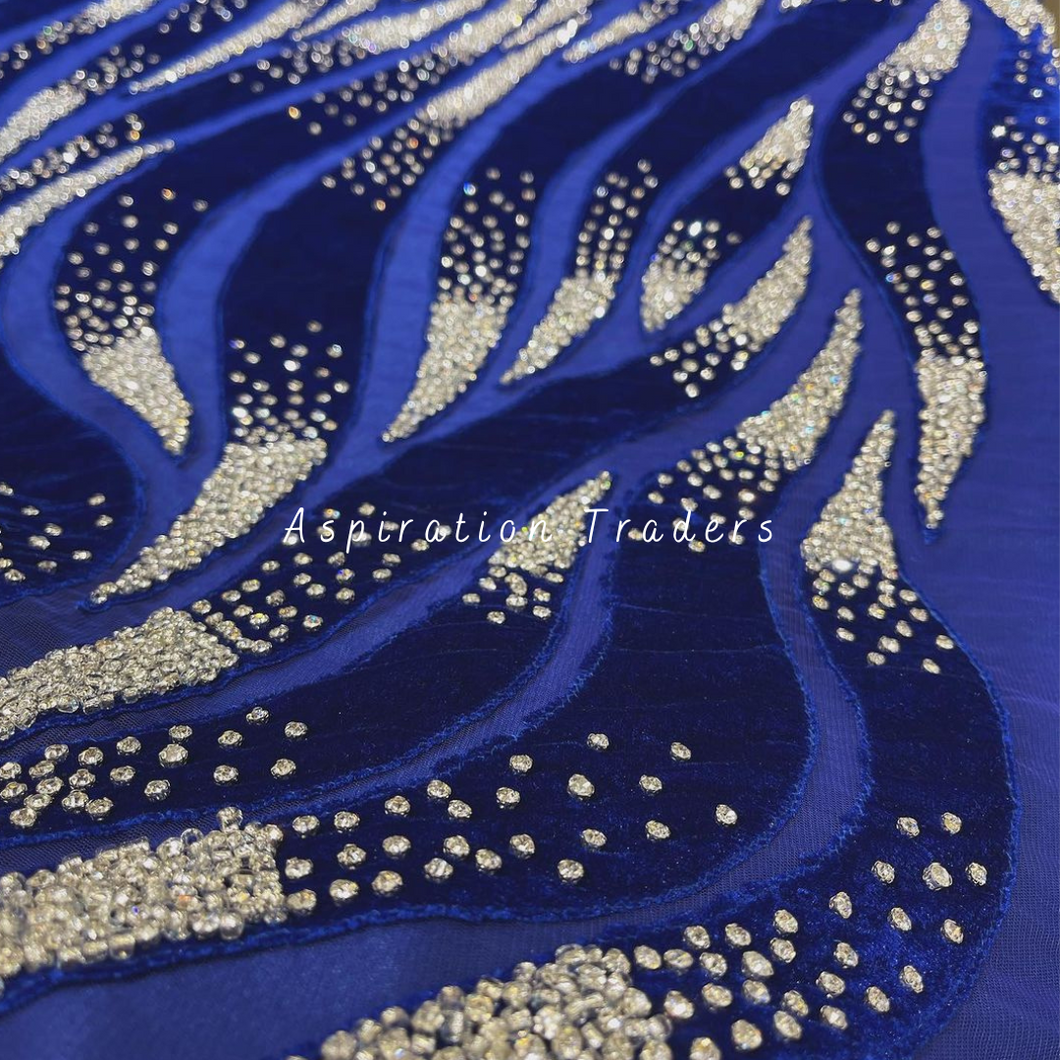 Funky Royal Blue Net Lace Applique With Velvet & Stone Work Designer Set - AP084