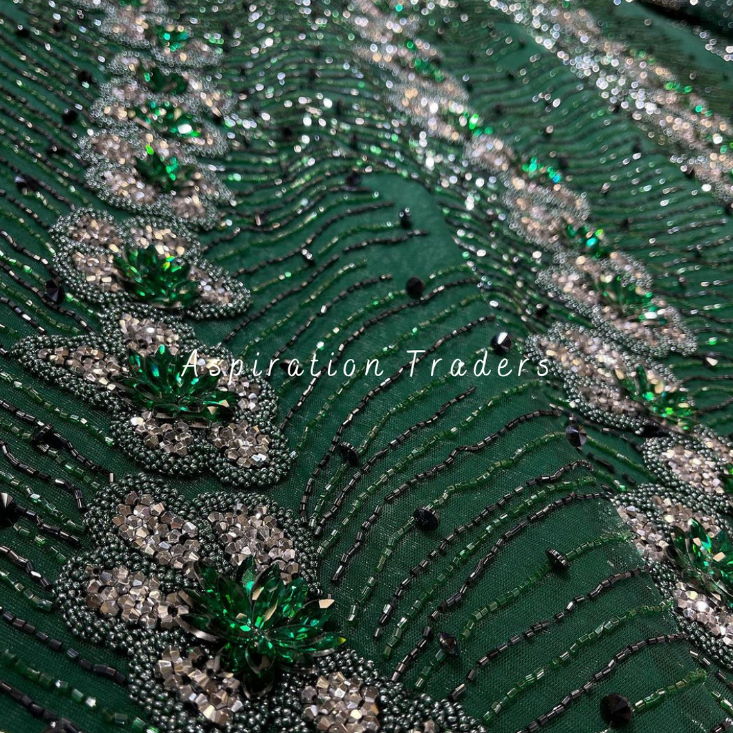 Dark Emerald Green French Beaded Applique Designer Set - AP086