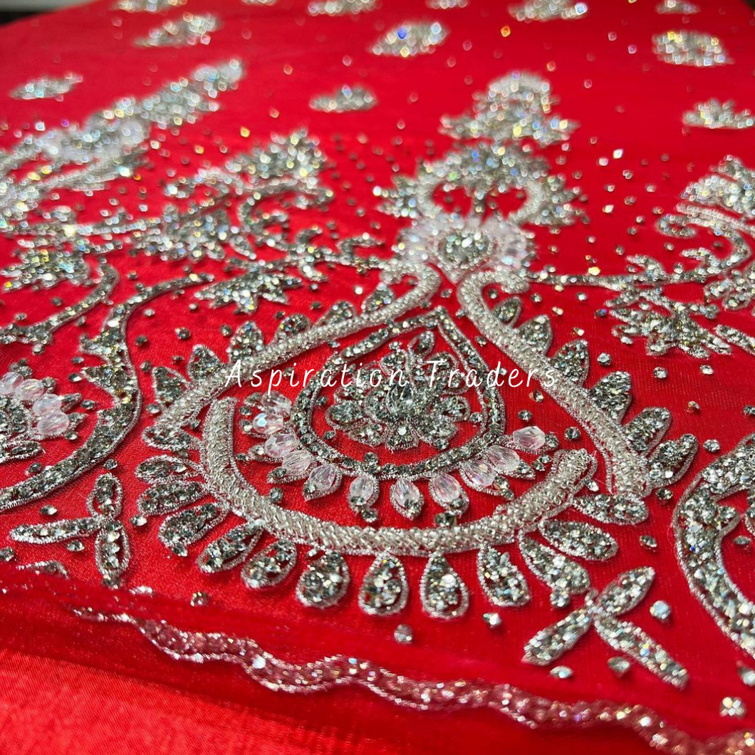 Bright Red With Silver Stone Beaded work Designer Applique Set - AP097