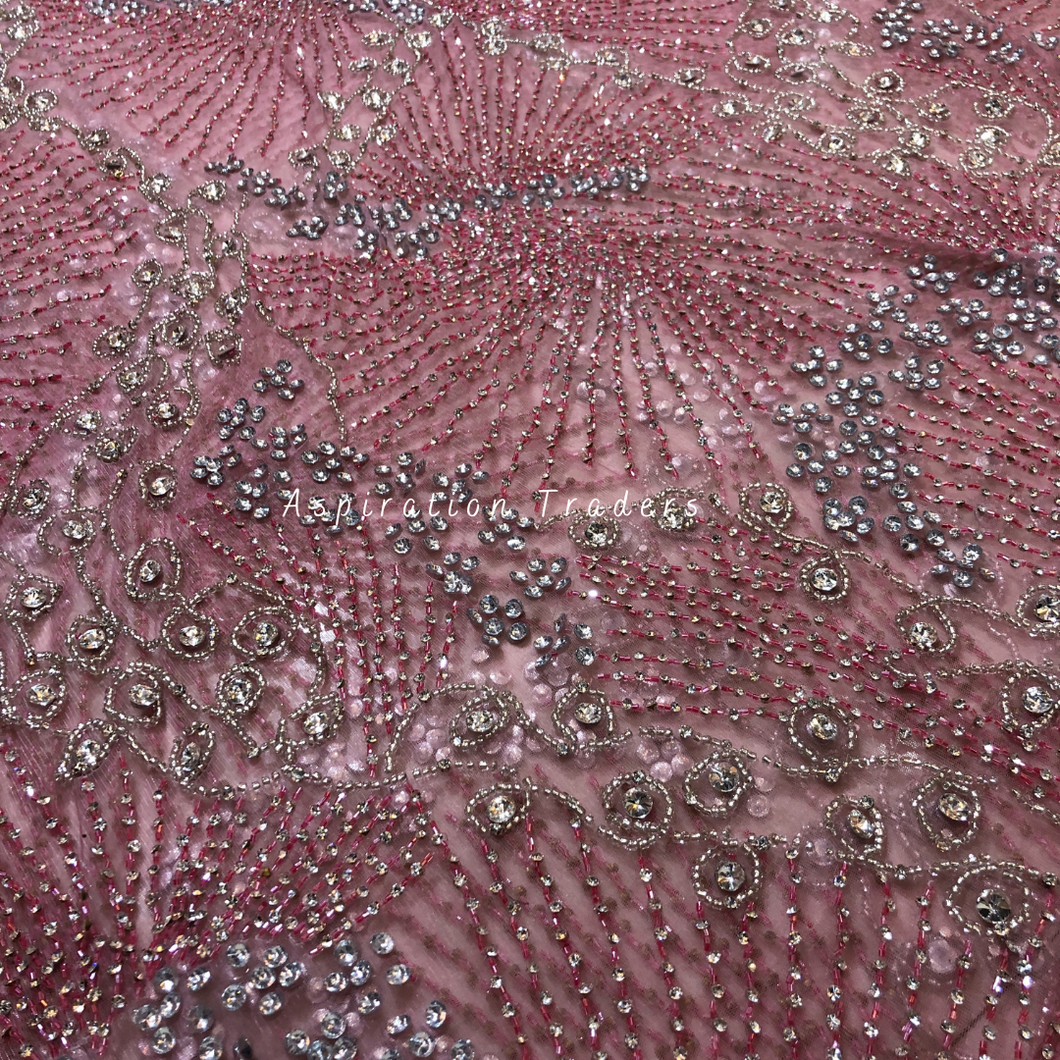 Luxurious Onion Pink Crystal Stone Bling Beaded  Designer Applique Set - AP116