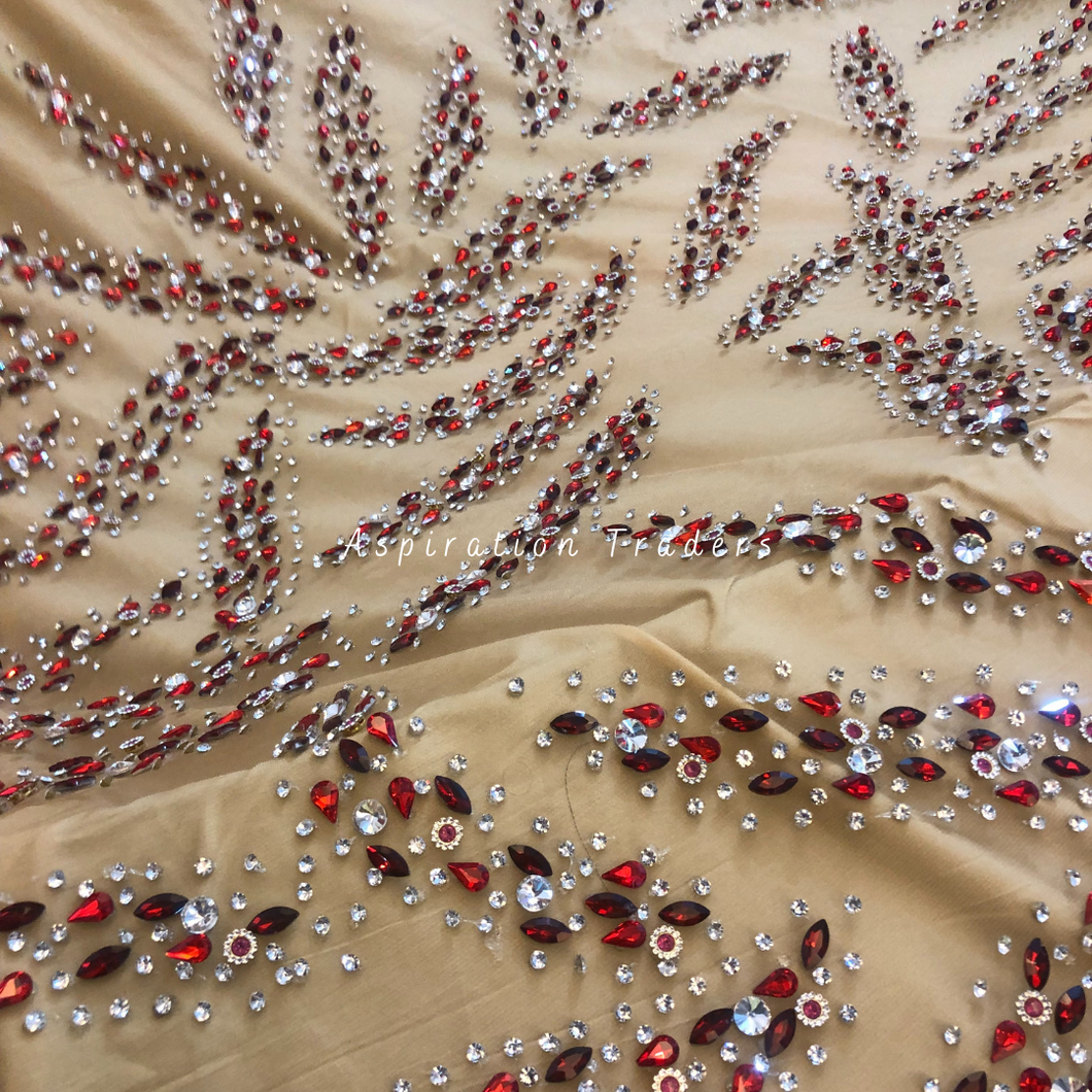 Glistening Chicoo Gold With Red Crystal Stone Beaded Designer Applique Set - AP120