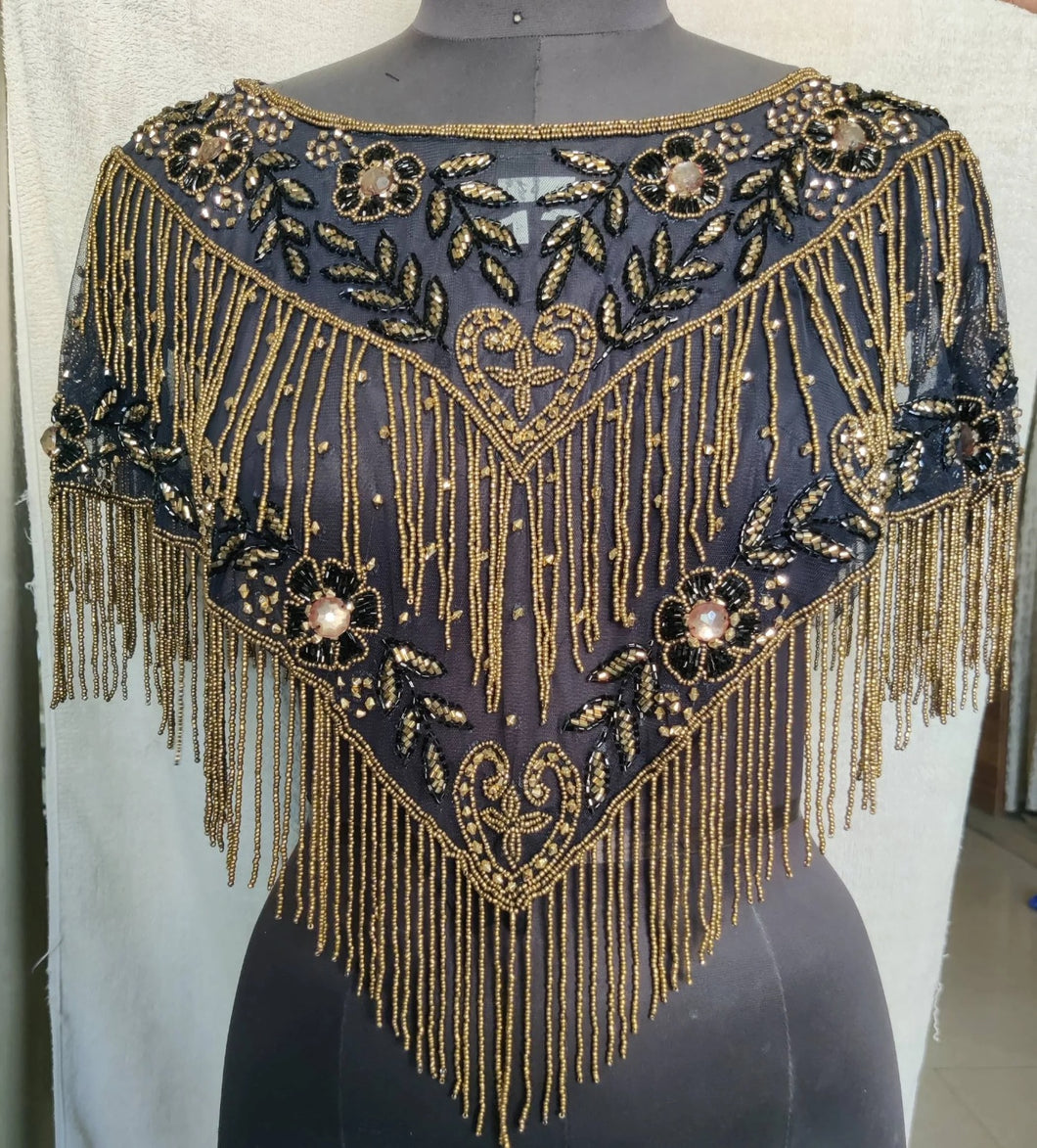 Black beaded Ponchos cape with Golden stone beads - BDP001