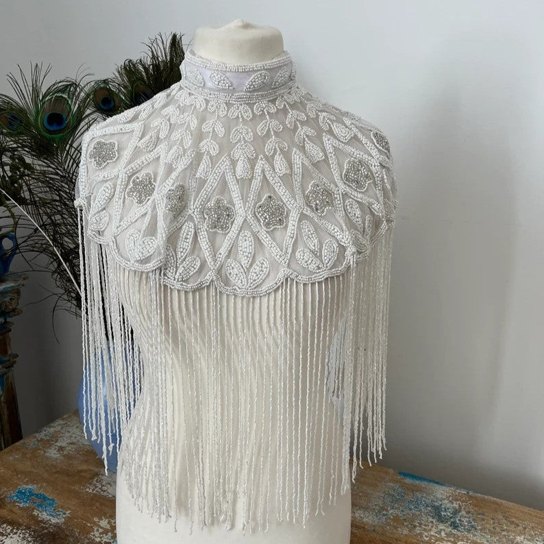 Luxurious White Fringes Beaded Poncho Cape - BDP003