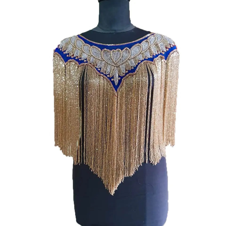 Party Wear Crochet Knit Net Poncho Wrap Cape White/ Silvery Bead - BDP004