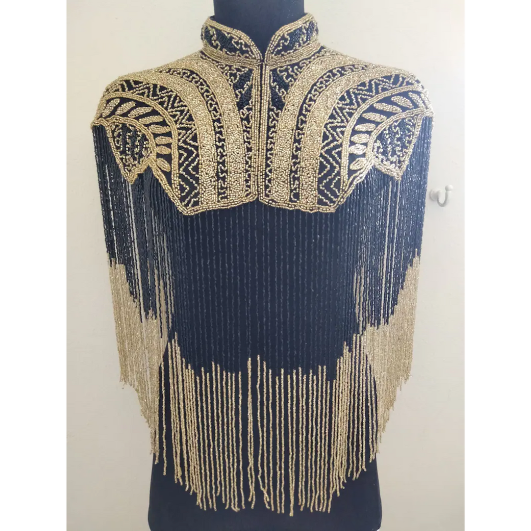 Handmade Gold and Black Treasure Ibiza two-tone fringed Cape poncho - BDP015