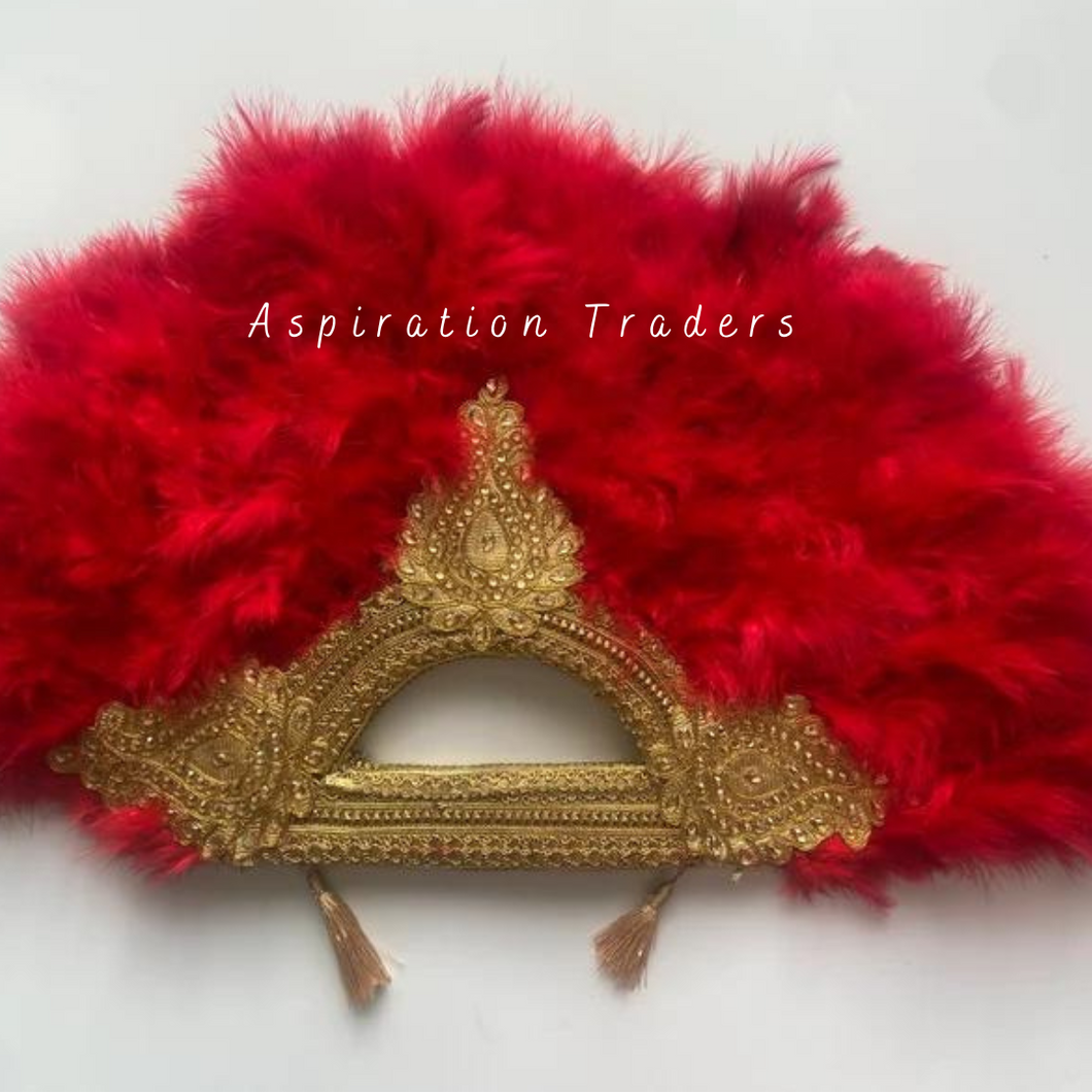 Rich Red Clutch Semi-Circle Feather Traditional African Wedding Bridal Hand Fan -  FF010