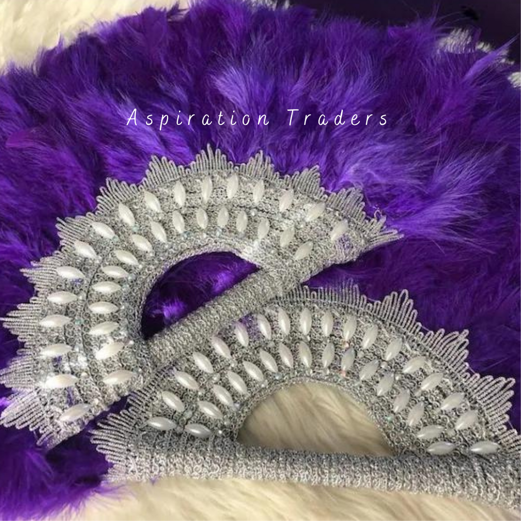 Gloomy Purple Silver Beaded Feather Bridal wedding African Bag Hand fan  -  FF011