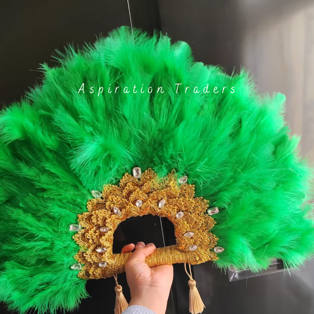 Glossy Green Gold Thread & Stone Work Bridal Hand Fan For African Traditional Wedding  -  FF012