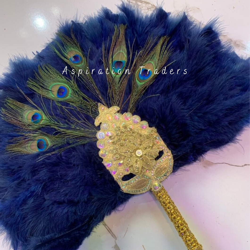 Vintage Navy Blue With Peacock Feather Gold Beaded Work Traditional Nigerian Bridal Hand Fan -  FF014