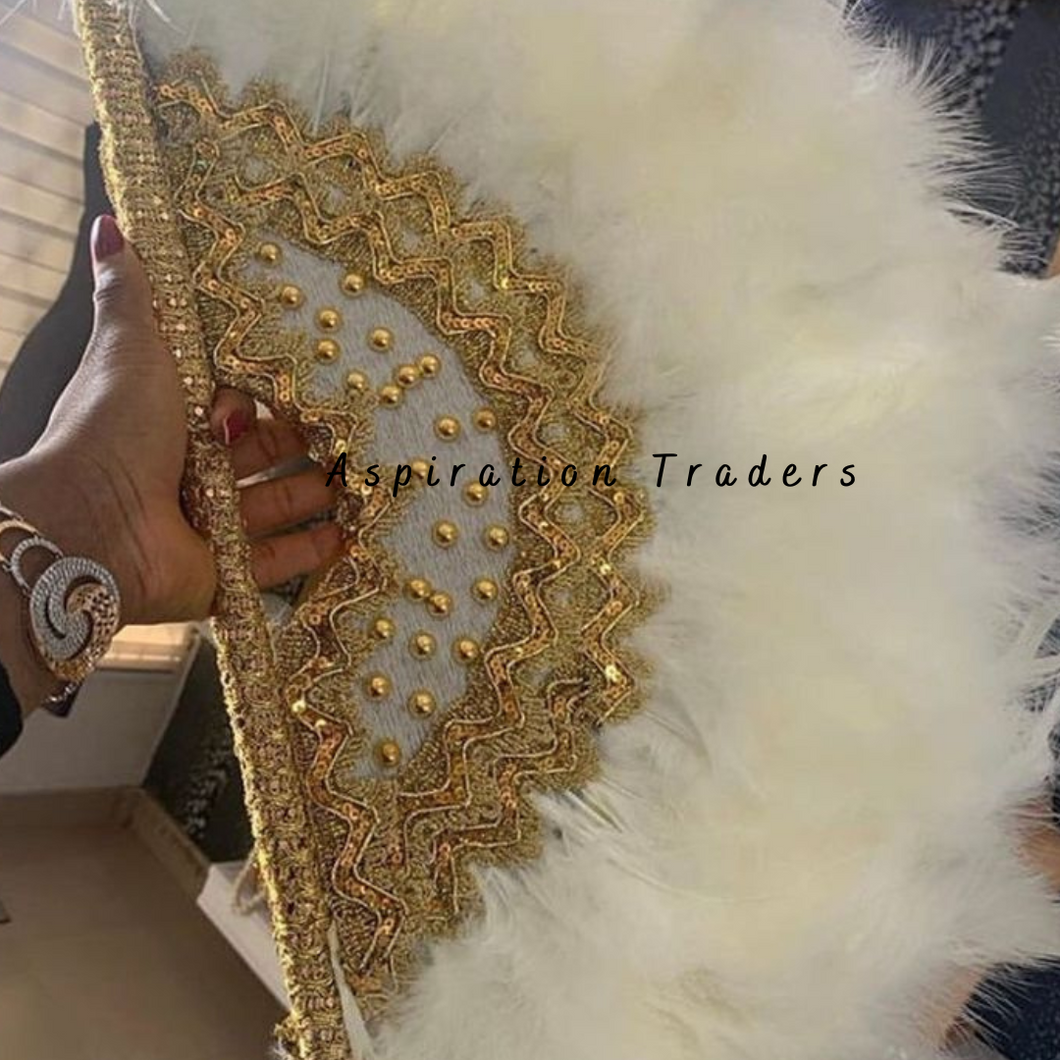 Sober White Bridal African Feather Traditional Wedding Hand Fan -  FF016