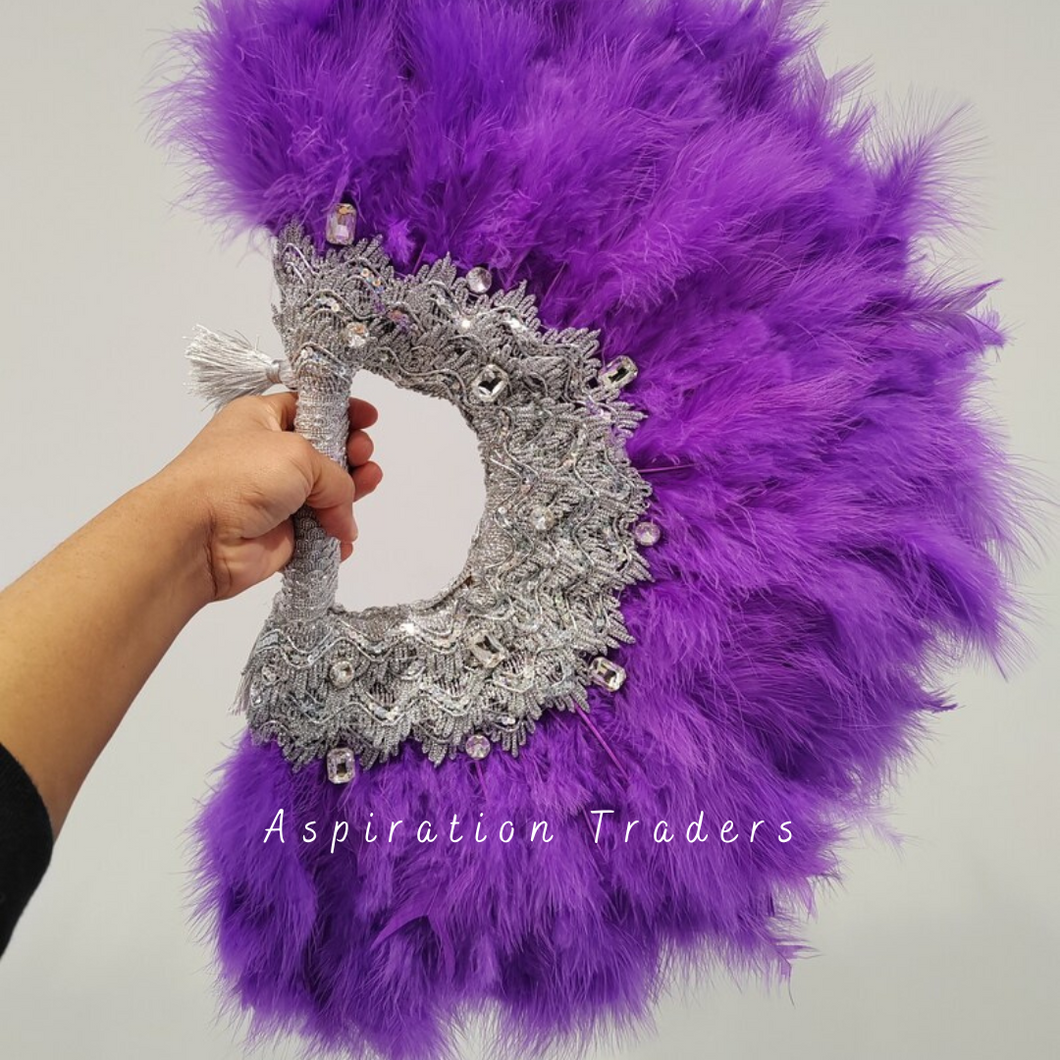 Regal Purple Traditional & Party  wear Silver Work Feather Hand Fan  -  FF019