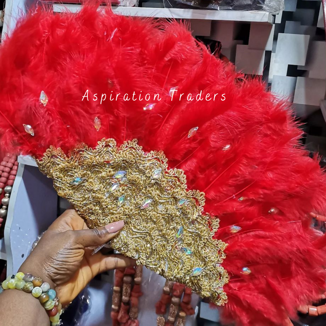 Radiant Red Gold Thread & Crystal Stone Work African Wedding Feather Hand Fan  -  FF020