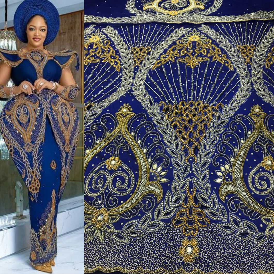 High-Quality Heavy Beaded Designer African/ UGO Wedding VIP George wrapper - HB168