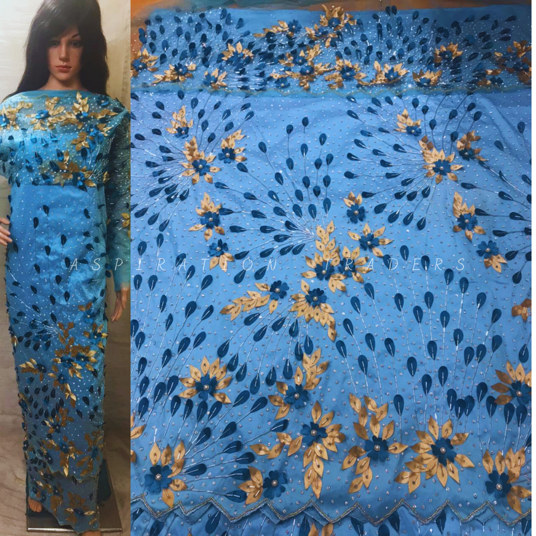 SKY BLUE Silk Taffeta Fabric African Wedding George wrapper Set - HB181