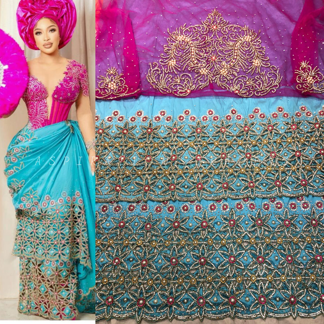 Sky blue with Fuchsia pink IGBO traditional wedding outfit for Igbo brides - HB190