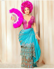 Load image into Gallery viewer, Sky blue with Fuchsia pink IGBO traditional wedding outfit for Igbo brides - HB190
