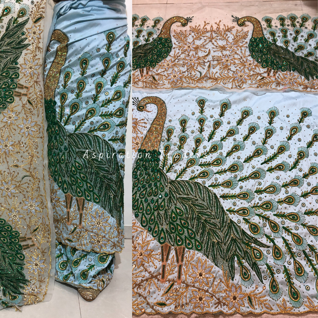 Beautiful Sky Blue Heavy Crystal Stone Beaded Peacock Design Work George Wrapper Set - HBDG179